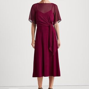 Lauren Ralph Lauren Womens 14 Midi Dress Chiffon Overlay Tie Front Burgundy